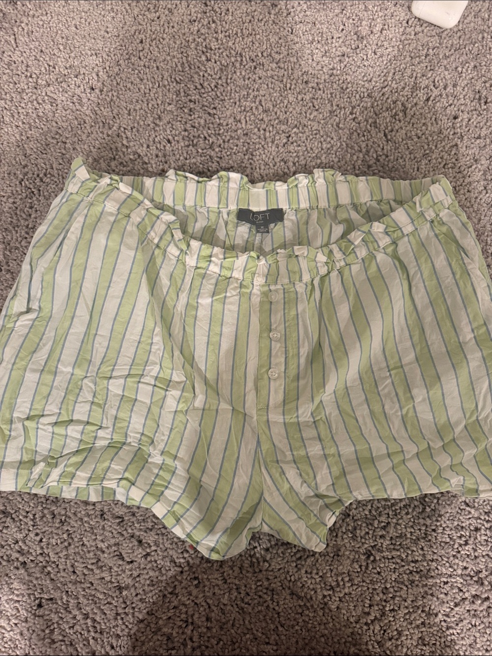 LOFT Green and White Striped Button-Front Athletic Shorts
